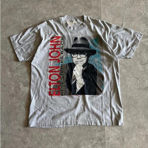 90s Vintage Elton John Reg Strikes Back Grey Band T Shirt Size XL
